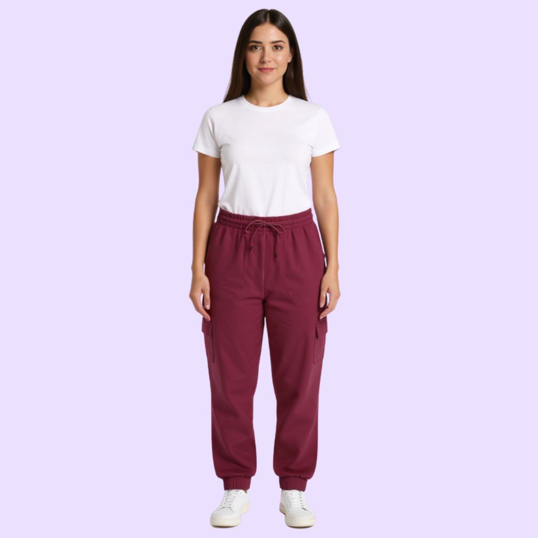 An adult wears the Maroon Adult Sensory Friendly Fidget Joggers.