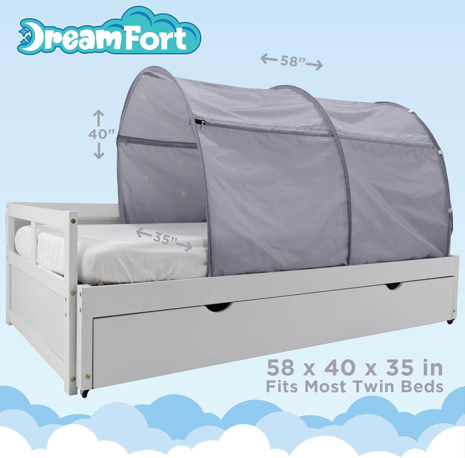 An infographic showing the dimensions of the DreamFort.