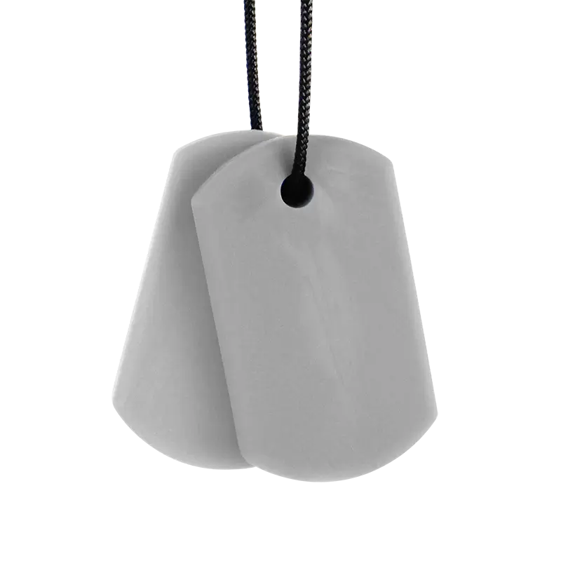 The Light Grey Standard/Softest ARK Dog Tag Chewable Necklace.
