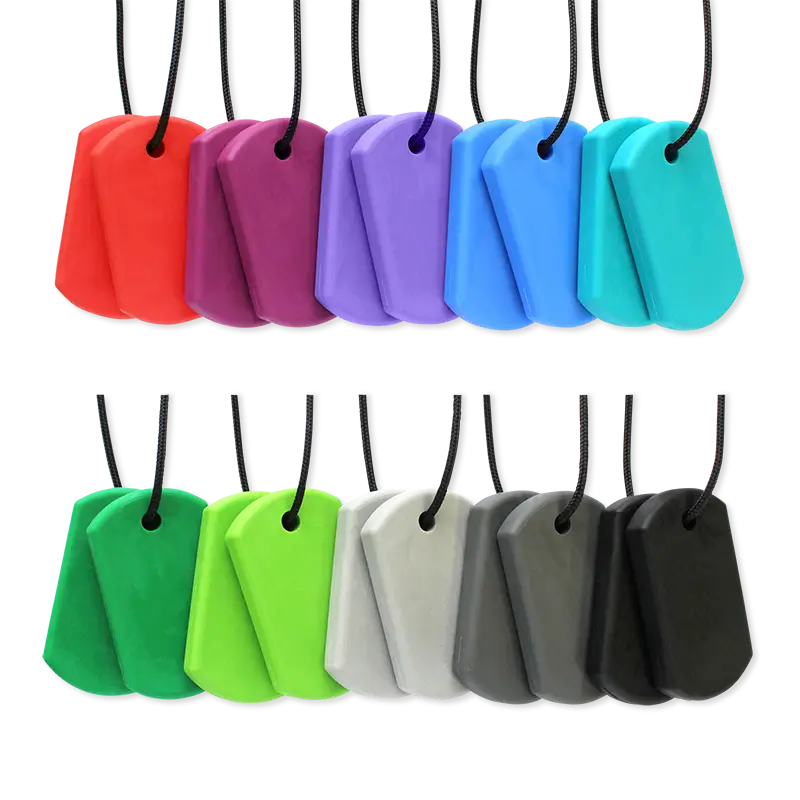 The colorful selection of ARK Chewable Dog Tag Necklaces.