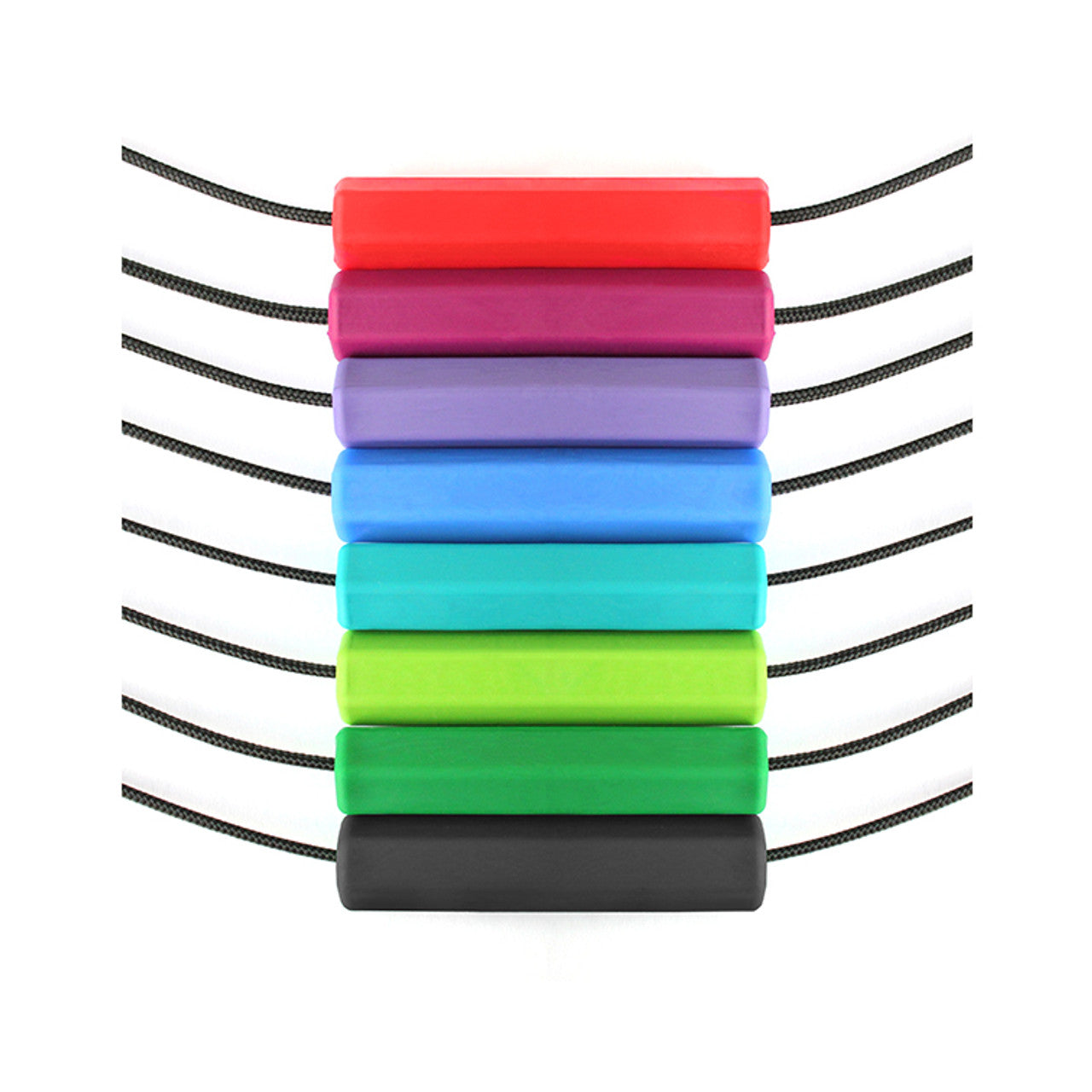 A rainbow assortment of the Krypto-Bite Chewable Tube Necklace.
