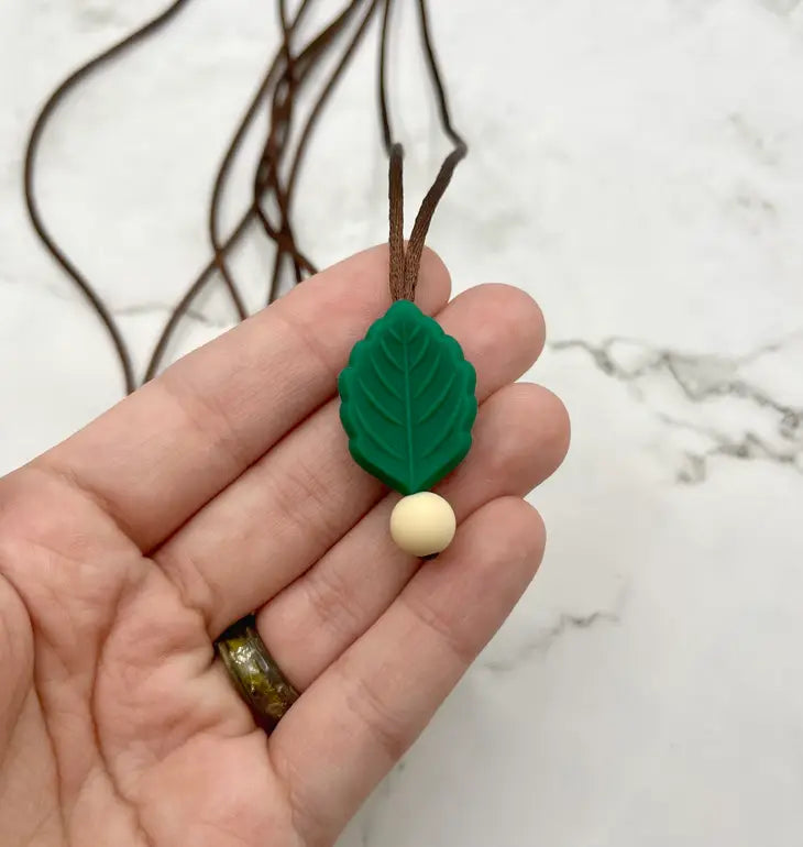 The Dark Green Textured Leaf Fidget Chewable Jewelry Necklace.