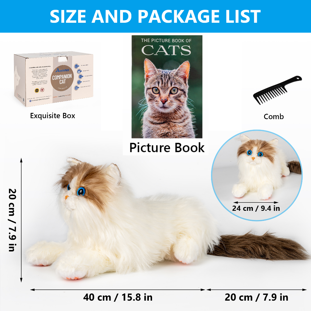 An infographic with the dimensions and included elements of the Therapy Cat Plush.
