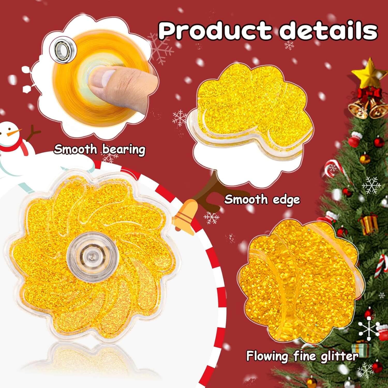 An infographic about the product details of the Glitter Petals Fidget Spinner.