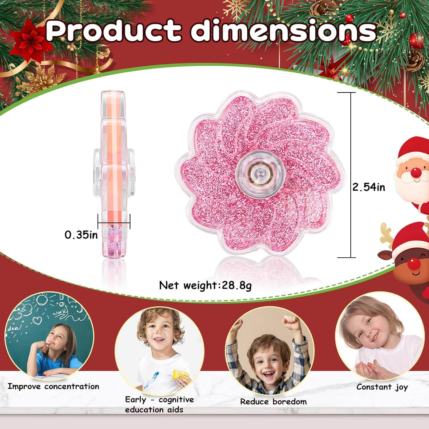 An infographic with the dimensions of the Glitter Petals Fidget Spinner.