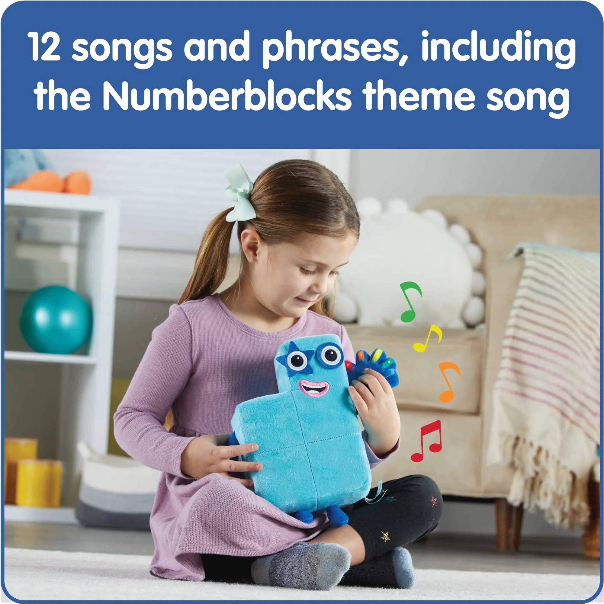 An infographic shows a child holding Sing-Along Numberblock Five and says: 12 songs and phrases, including the Numberblocks theme song.
