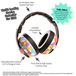 An infographic displaying the safety features of the BANZ Baby Noise Reducing Earmuffs.