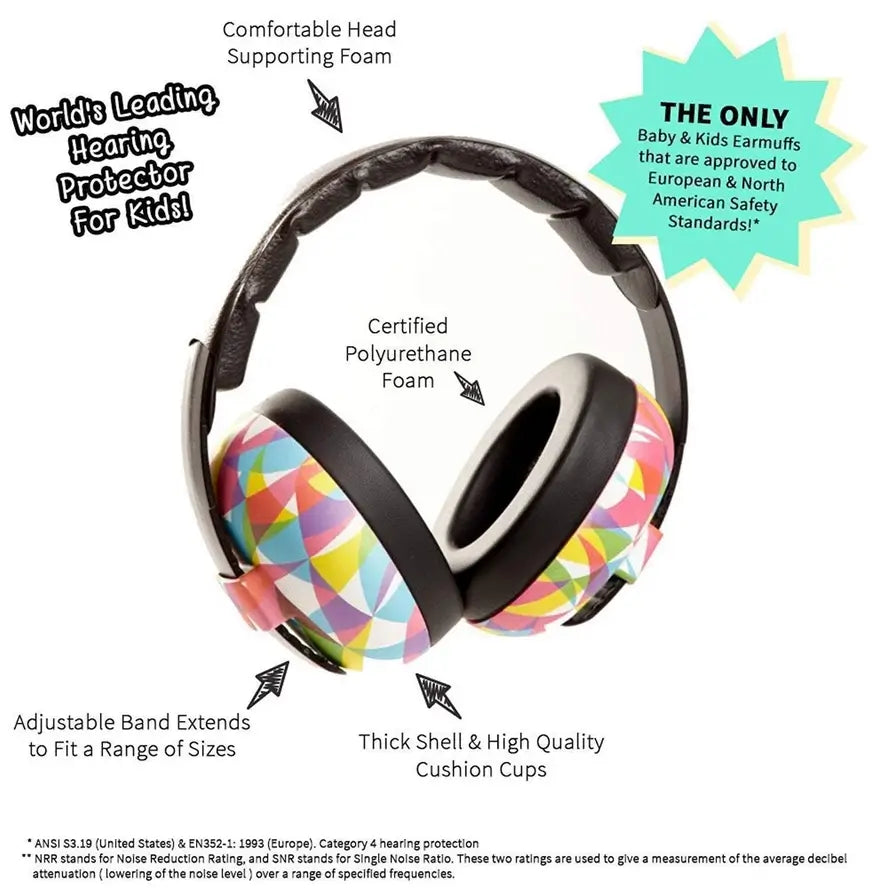 An infographic displaying the safety features of the BANZ Baby Noise Reducing Earmuffs.