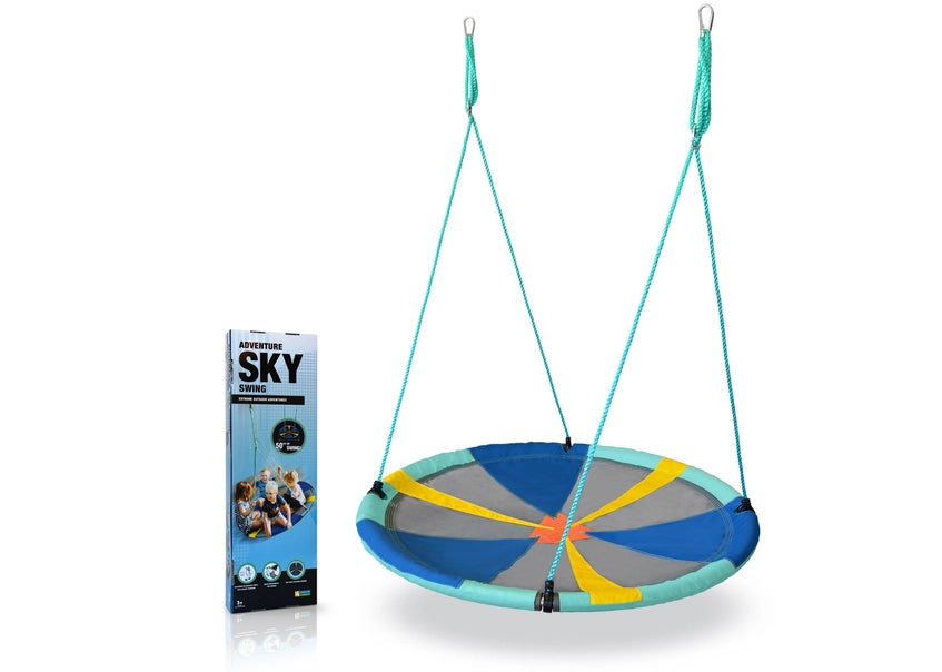 The product package for the Slackers 50" Adventure Sky Swing next to the swing itself.