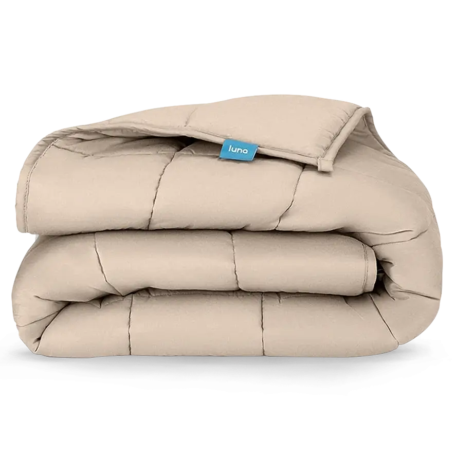 The beige 15 lb "Cozy Comfort" Cooling Bamboo Weighted Blanket for Queen sized beds.