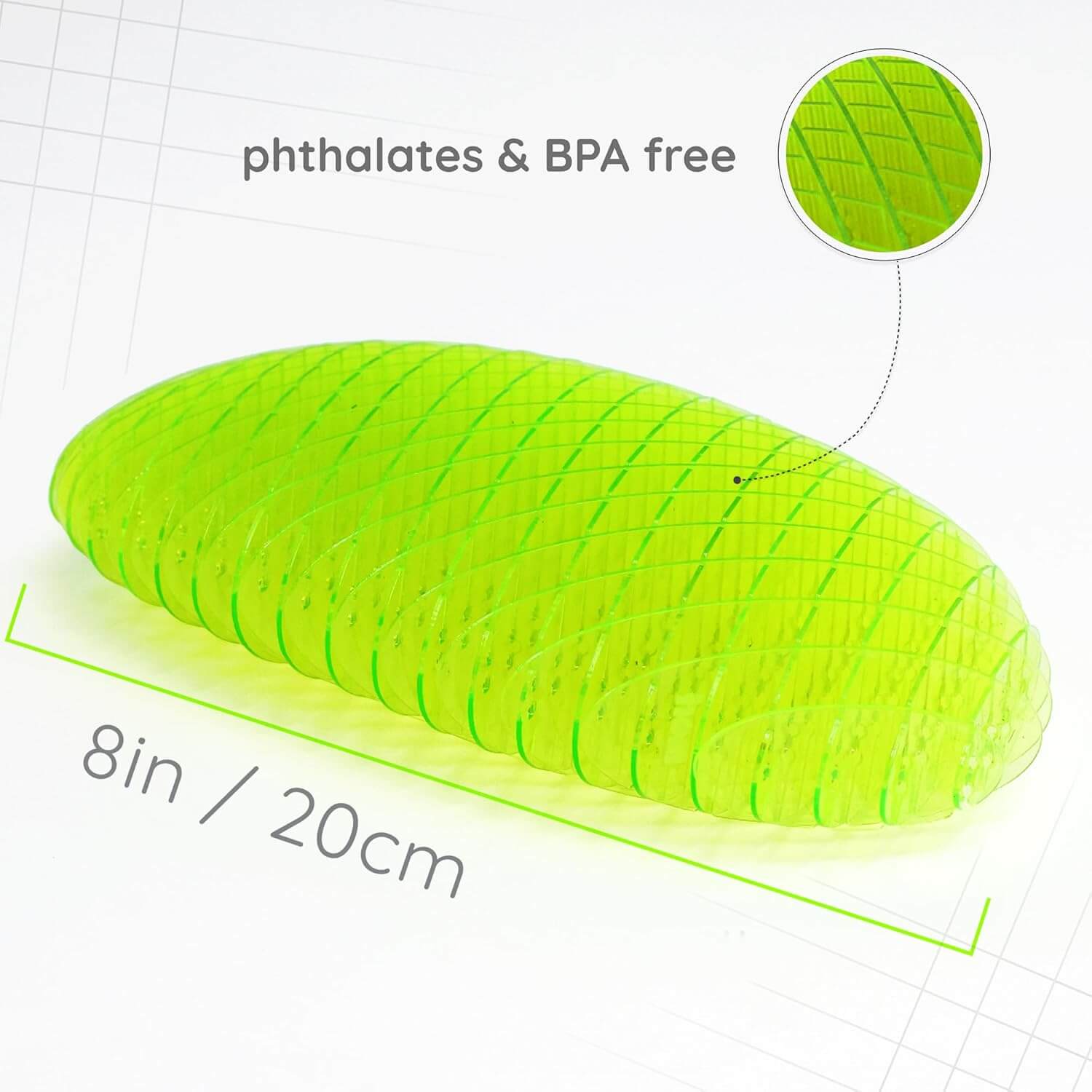 An infographic showing the dimensions of the Big Green Morf Fidget Worm.