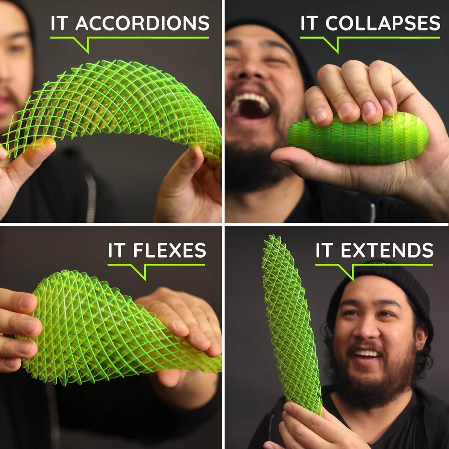 An infographic showing four different movements for the Big Green Morf Fidget Worm.