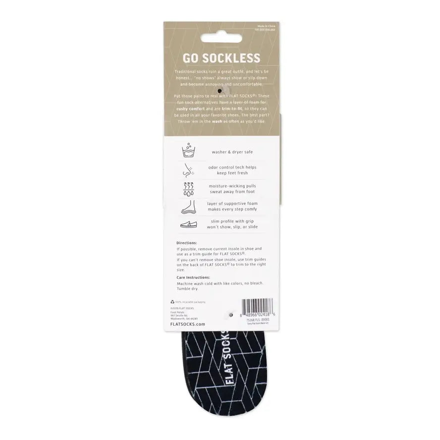 The back of the packaging for Black Large Flat Socks.