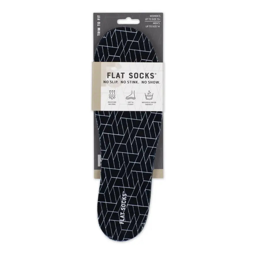 A pair of Black Large Flat Socks are displayed in their packaging.