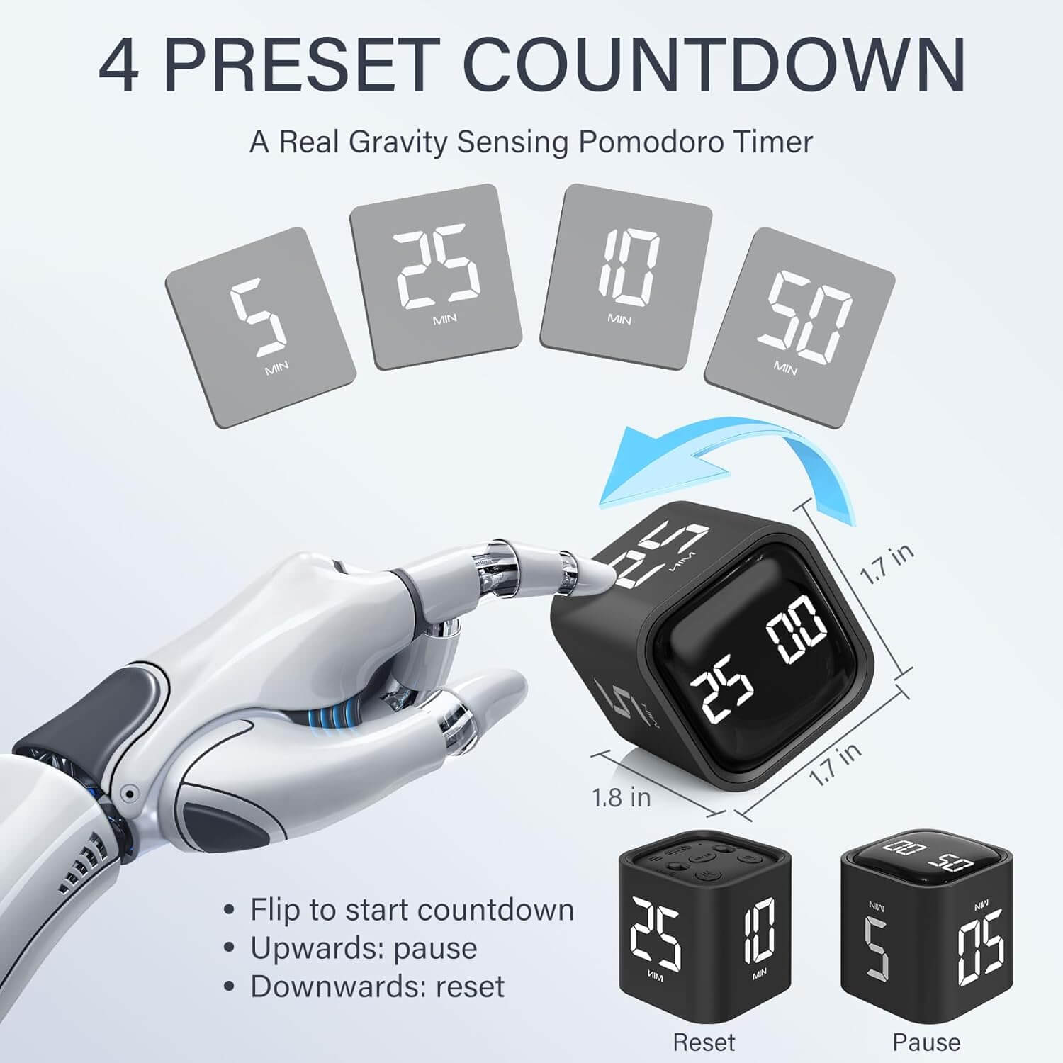 An infographic showing the 4 preset countdowns on the Gravity Cube Flipping Digital Timer.