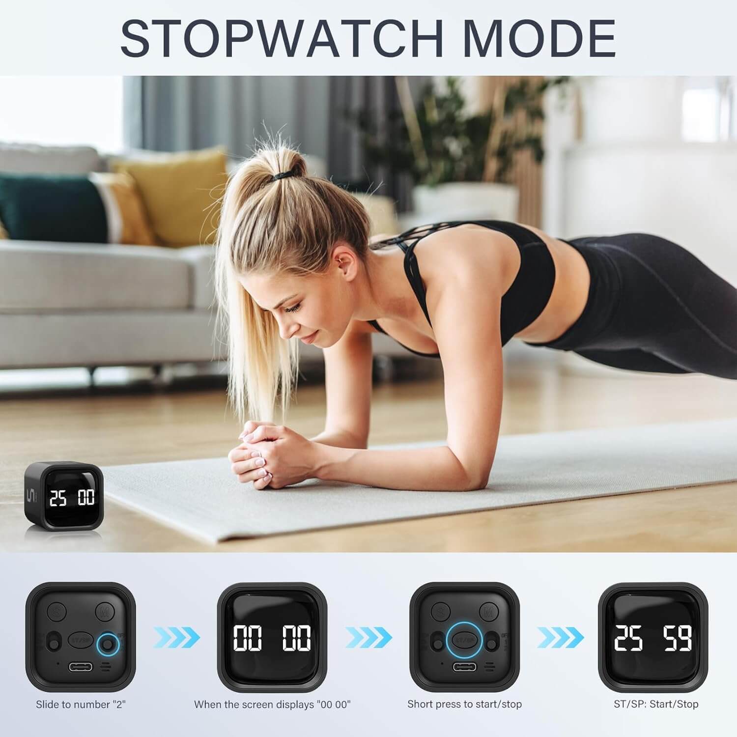 An infographic demonstrating how to use the stopwatch mode on the Gravity Cube Flipping Digital Timer.