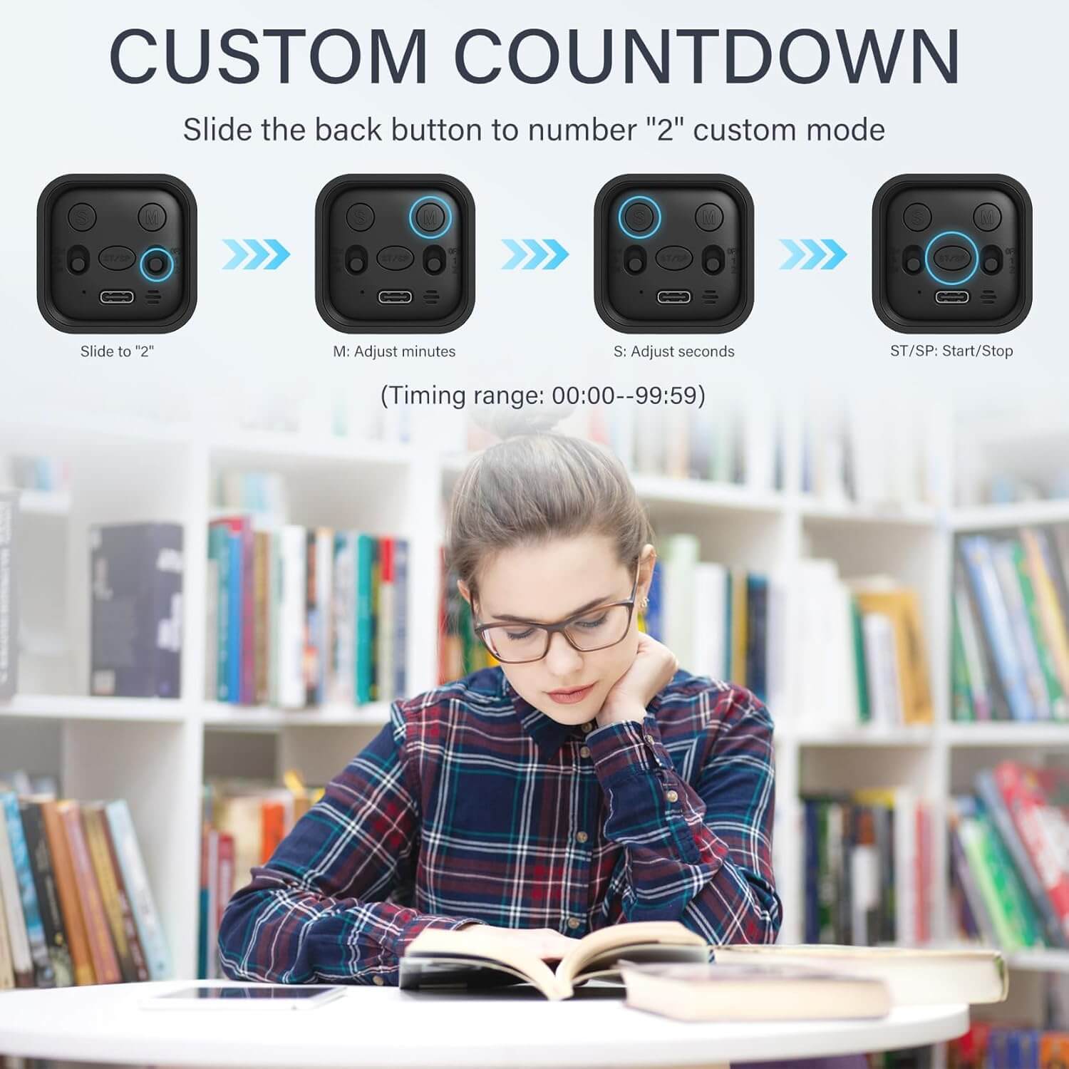 An infographic showing how to set a custom countdown on the Gravity Cube Flipping Digital Timer.