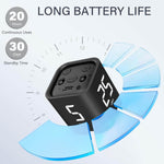 An infographic demonstrating the 20 hours of battery life on the Gravity Cube Flipping Digital Timer.