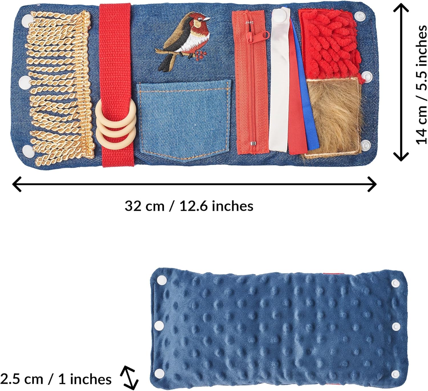 The dimensions for the Blue Fidget Wrist Cuff.