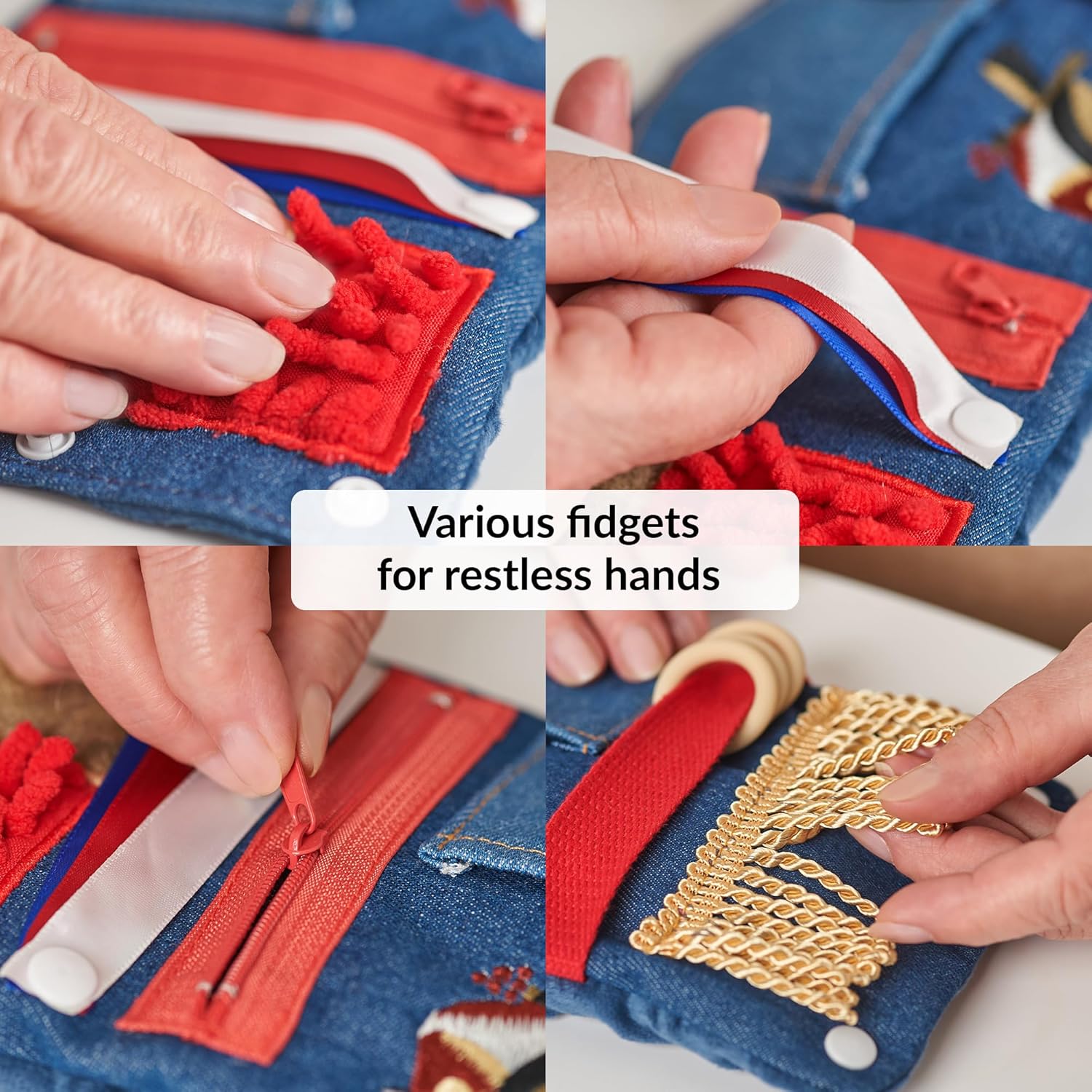 An infographic depicting four different ways to fidget with the Blue Fidget Wrist Cuff.