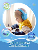 A child wearing the Blue iClever Noise Reducing Earmuffs on an airplane.