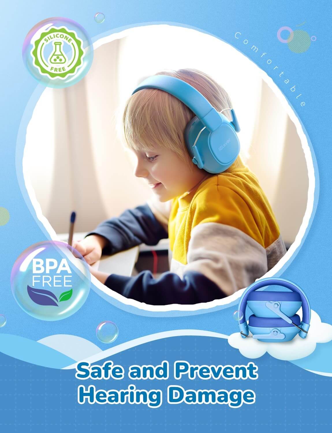 A child wearing the Blue iClever Noise Reducing Earmuffs on an airplane.