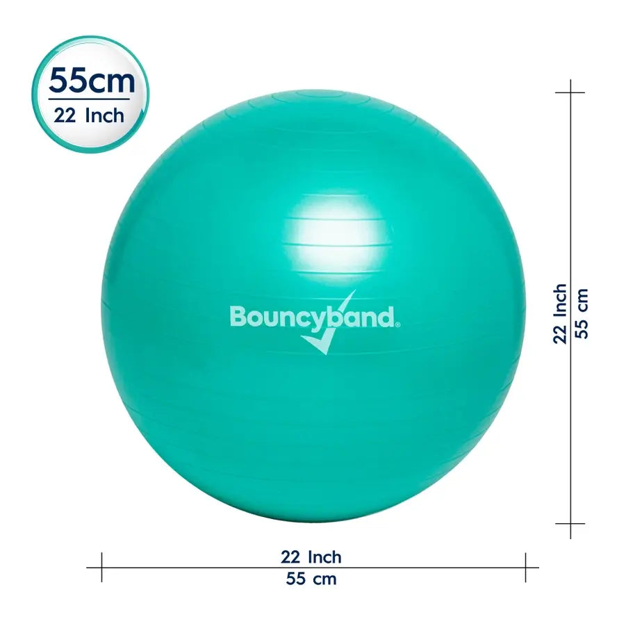An infographic with the dimensions of the 55 cm Balance Ball No-Roll Weighted Seat.