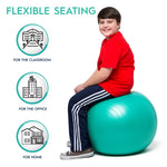 An infographic describing the places the 55 cm Balance Ball No-Roll Weighted Seat can be used.
