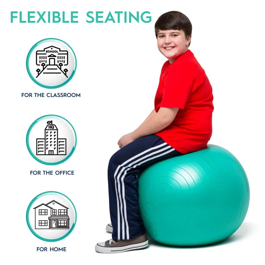 An infographic describing the places the 55 cm Balance Ball No-Roll Weighted Seat can be used.