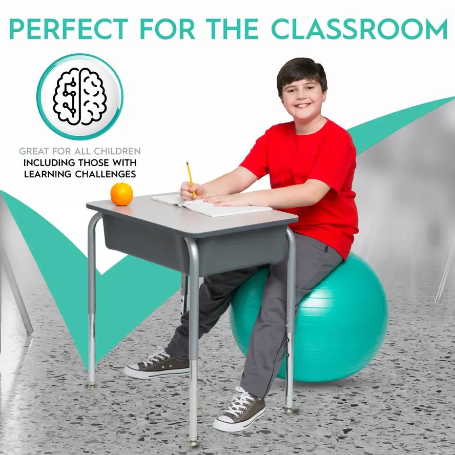 A child sits on the 55 cm Green Balance Ball No-Roll Weighted Seat.