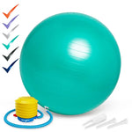 The green 55cm Balance Ball No-Roll Weighted Seat with the included pump and stoppers.