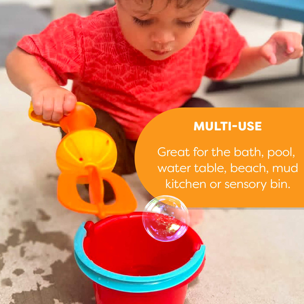 An infographic showing the different places the Bubble Bath Whisk in Yellow can be used.