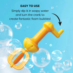 An infographic demonstrating how easy the Bubble Bath Whisk is to use with soapy water.