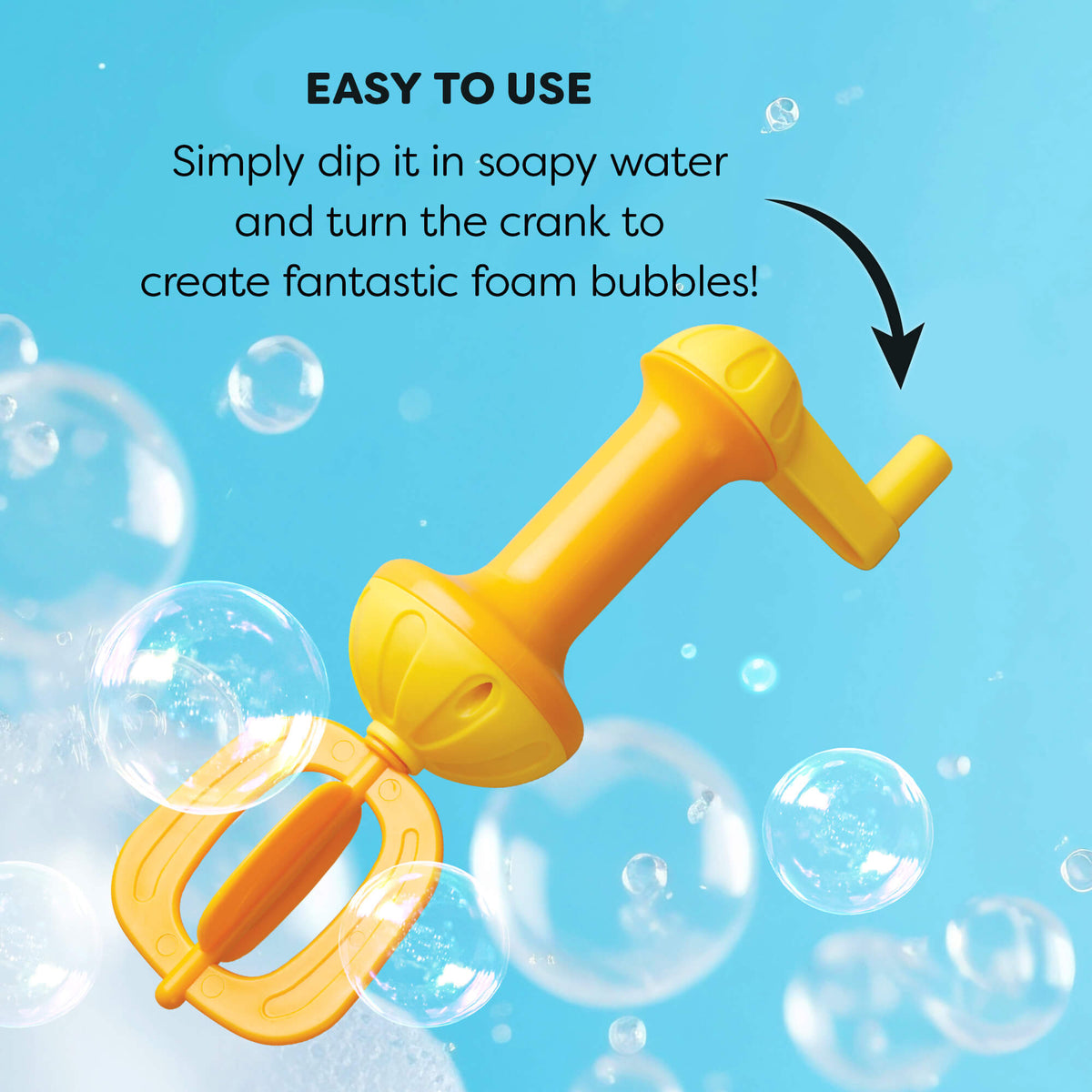 An infographic demonstrating how easy the Bubble Bath Whisk is to use with soapy water.