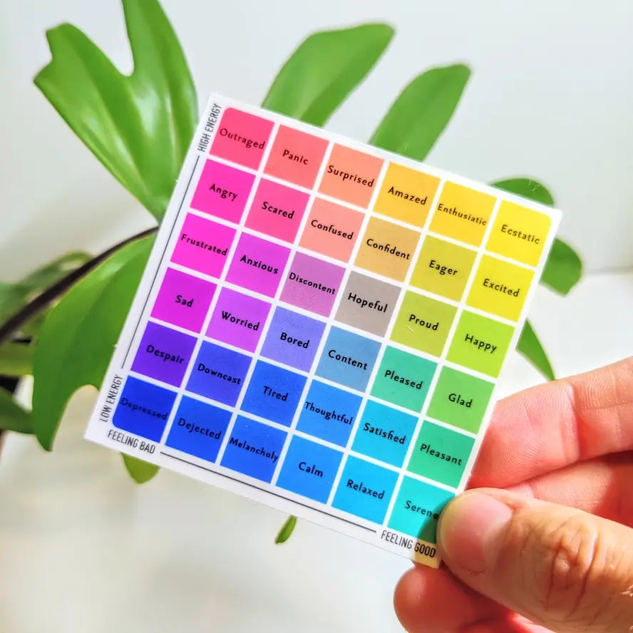 A hand holds the Emotion Chart Vinyl 3" Sticker.