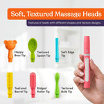 An infograph showing the details of the soft, textured massage heads.