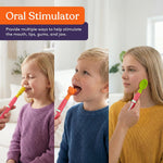An infographic demonstrating three ways to use the Pink Buzz Buddy Oral Stimulation Kit with 6 Soft Textured Interchangeable Heads as an oral stimulator.