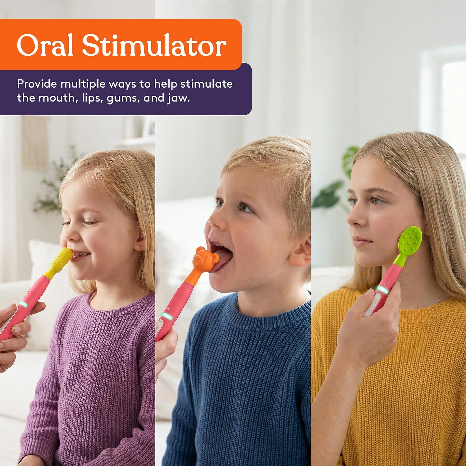 An infographic demonstrating three ways to use the Pink Buzz Buddy Oral Stimulation Kit with 6 Soft Textured Interchangeable Heads as an oral stimulator.