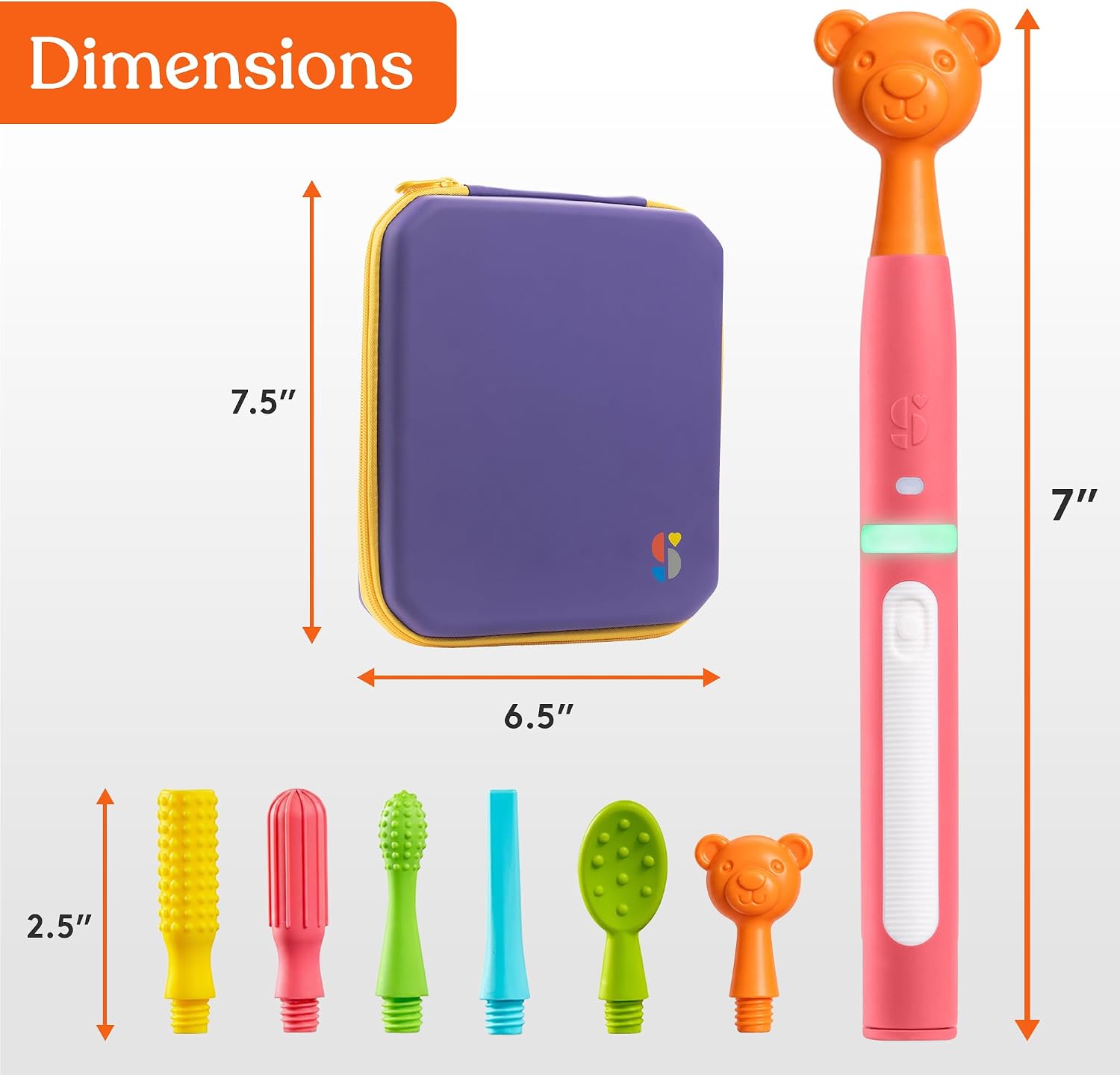 The dimensions for the pieces of the Pink Buzz Buddy Oral Stimulation Kit with 6 Soft Textured Interchangeable Heads.
