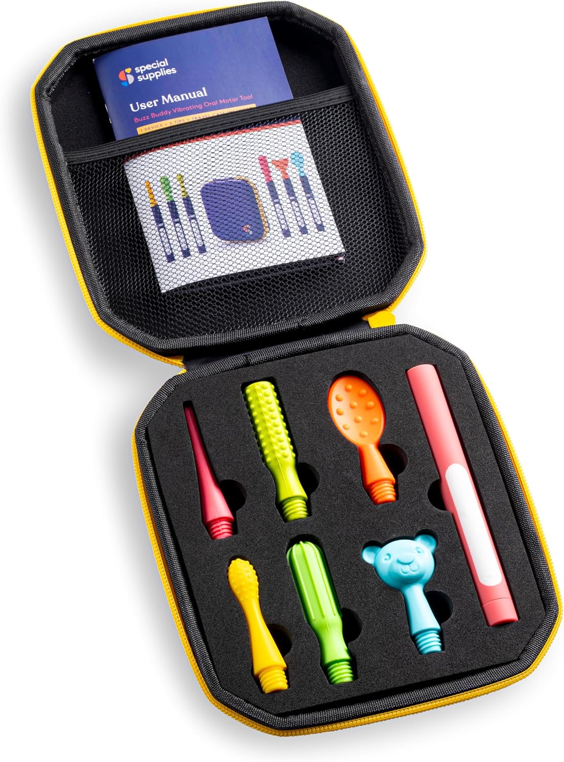 The Pink Buzz Buddy Oral Stimulation Kit with 6 Soft Textured Interchangeable Heads.