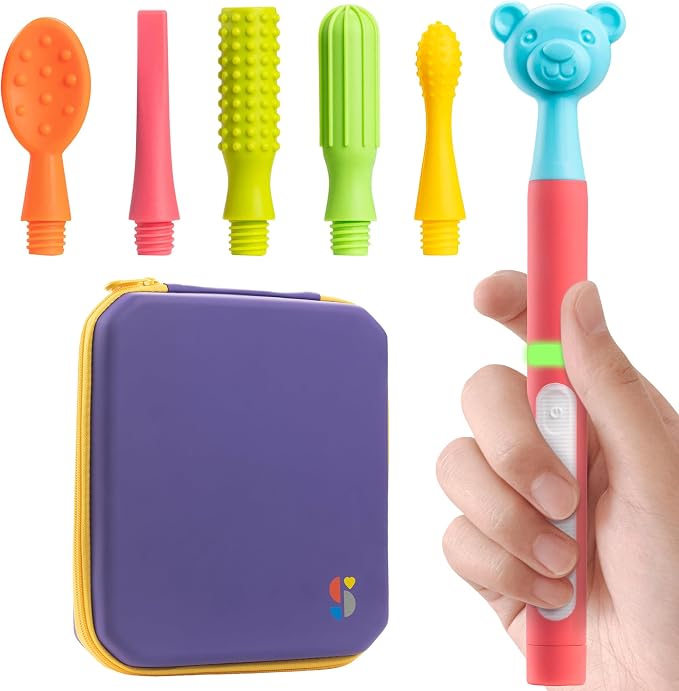 The Pink Buzz Buddy Oral Stimulation Kit with 6 Soft Textured Interchangeable Heads.