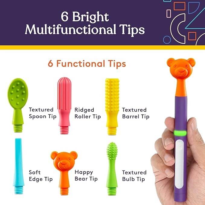 Buzz Buddy Oral Stimulation Kit with 6 Soft Textured Interchangeable Heads.