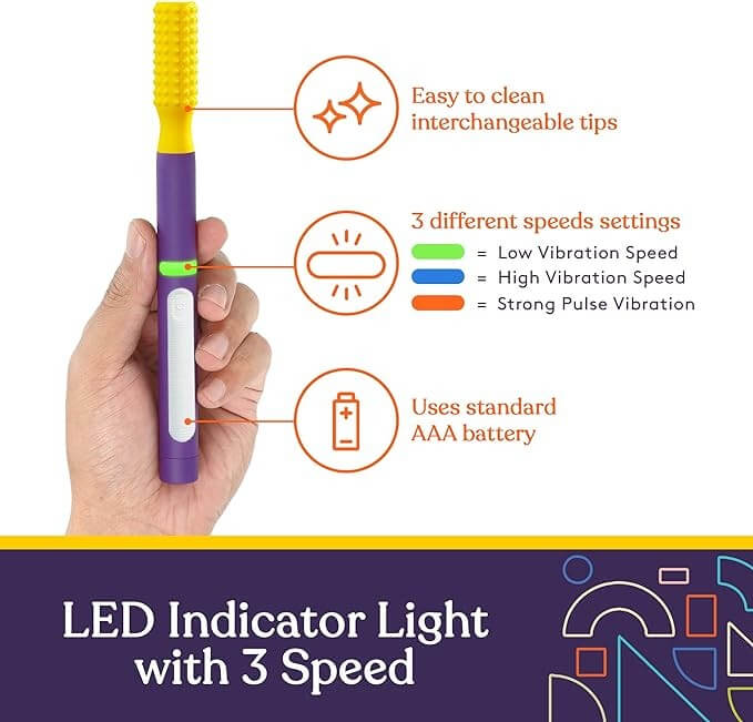 Buzz Buddy Oral Stimulation Kit with 6 Soft Textured Interchangeable Heads.