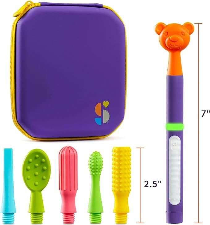 Buzz Buddy Oral Stimulation Kit with 6 Soft Textured Interchangeable Heads.