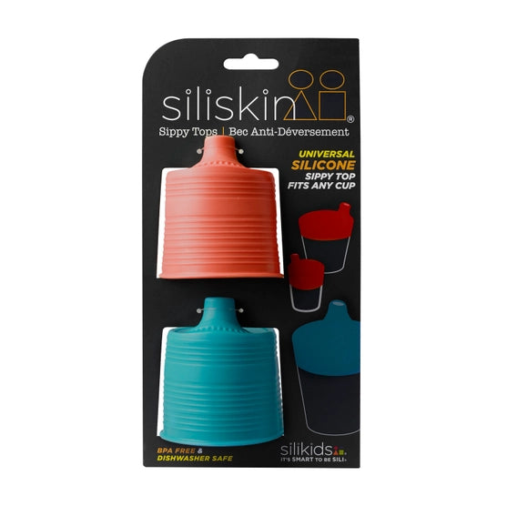The red and teal Stretchy Silicone Lids With Sippy Spout in their packaging.