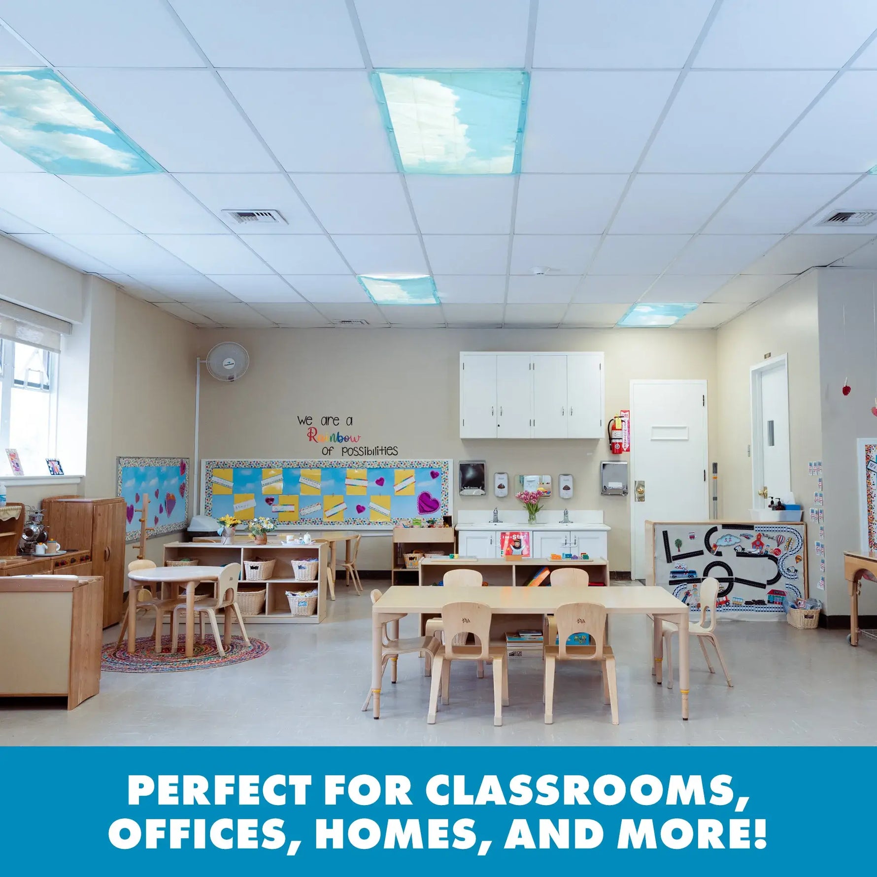 Calming Clouds Light Filters are perfect for classrooms, offices, homes and more.