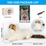 An infographic with the dimensions and included elements of the Therapy Cat Plush.