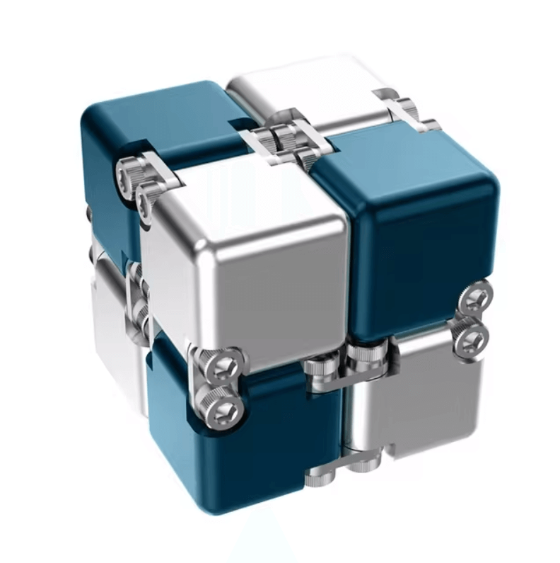 The silver and blue peacock Weighted Metal Infinity Cube.