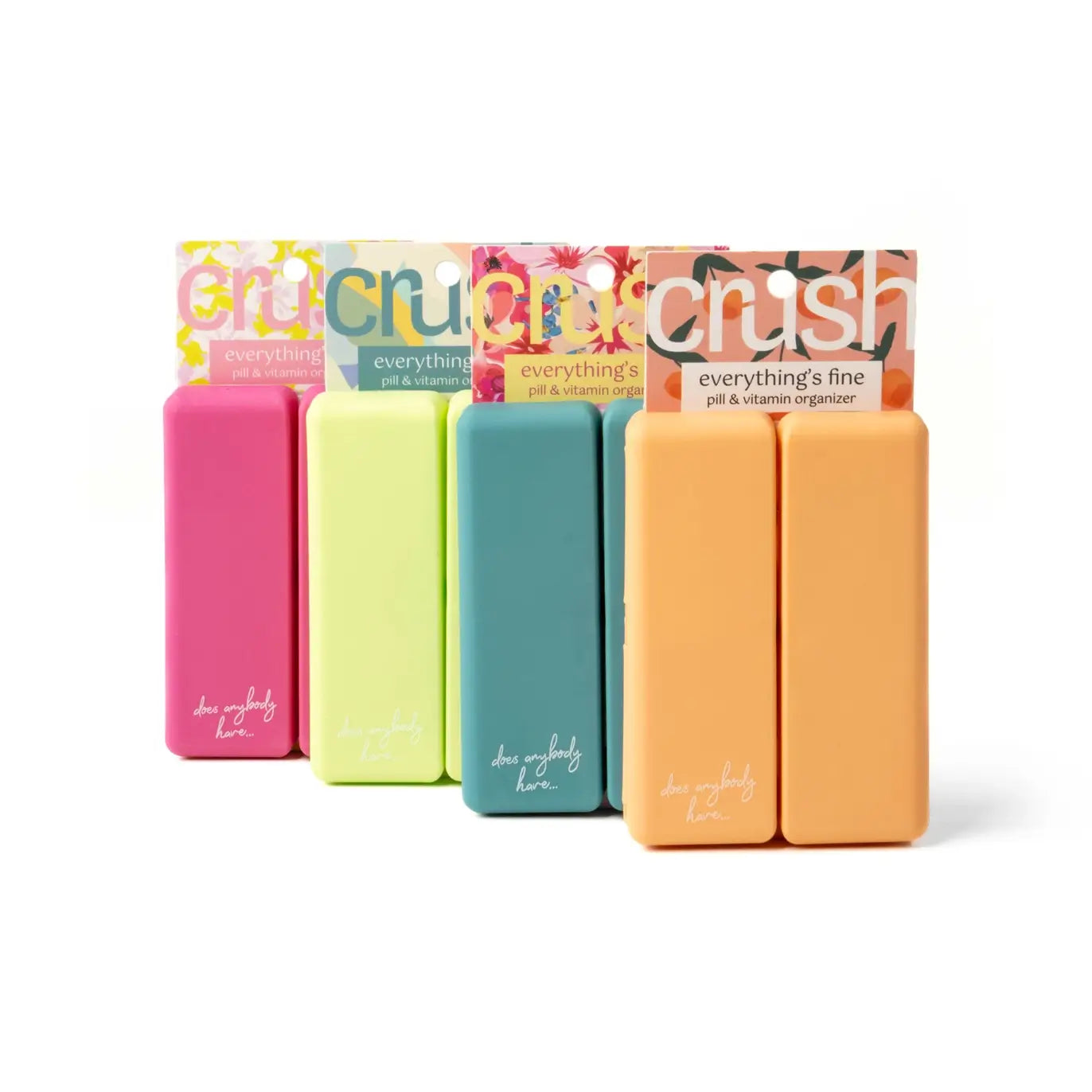 The four colors of the Crush Everything's Fine Pill and Vitamin Case.