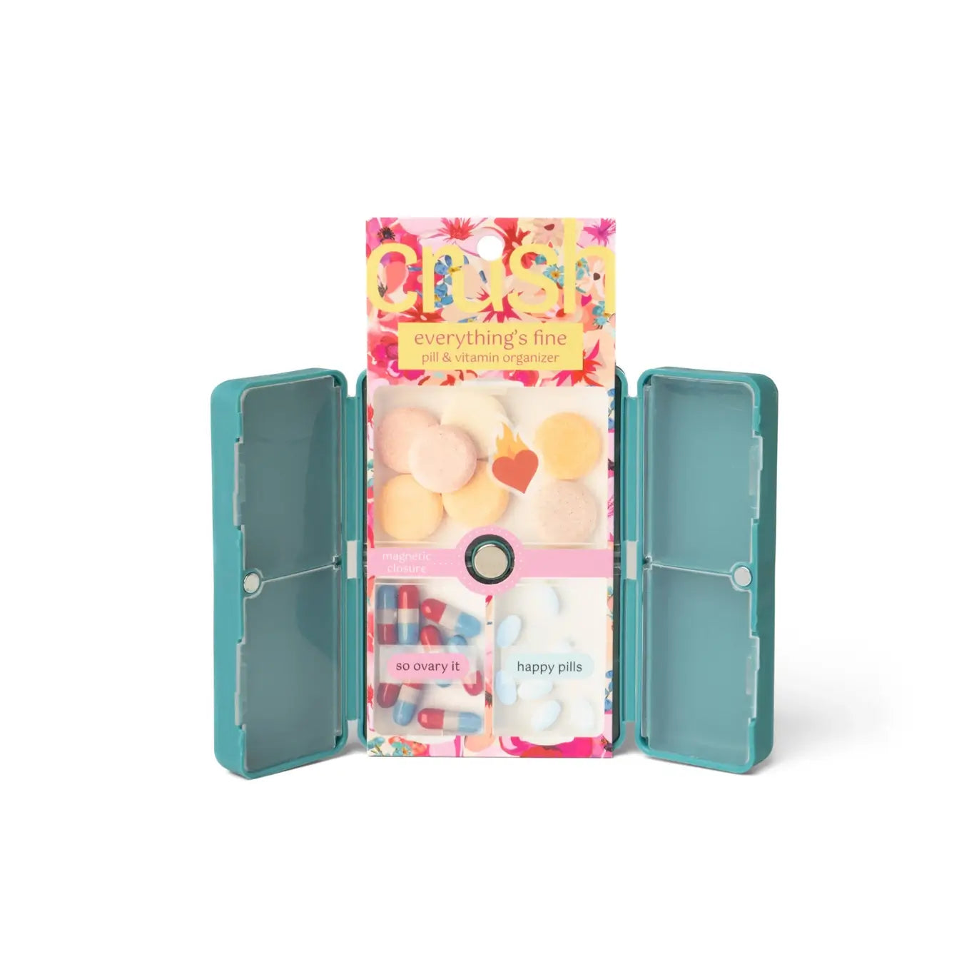 The teal Everything's Fine Pill and Vitamin Case.